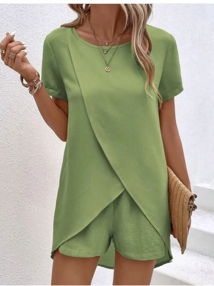 Summer New Solid Color Women\'S Short Sleeve Suit Simple Fashion Irregular Jacket Leisure Vacation Female Shorts 2 Piece Set