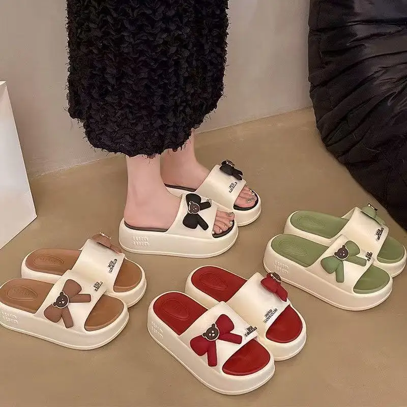 New fashion brand bear slippers women's thick sole mules clogs home slides shoes woman outdoor bow slippers platform scuff shoes