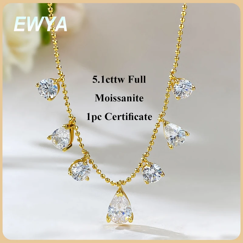 

EWYA 5.1cttw Pear Round Cut All Moissanite Chain Necklaces Women 925 Silver Lab Diamond Stacking Choker Bridal NeckChain Gift