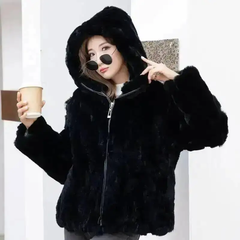 Nueva chaqueta de piel de conejo, abrigo de piel de conejo para mujer, abrigo de piel entera Natural, abrigo de piel de conejo a la moda con capucha, ropa Kawaii para mujer
