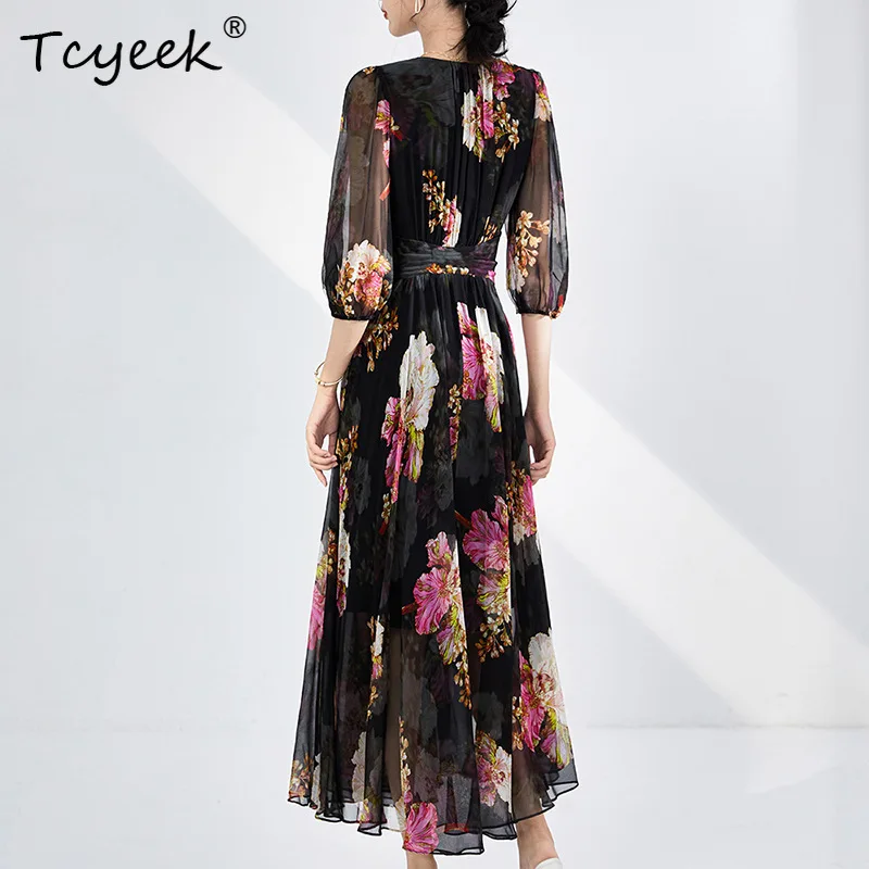 Tcyeek 100% robe florale en soie de mûrier véritable robes d'été 2025 élégant col en v a-ligne noir pause thé longue robe pour femme 상ssi