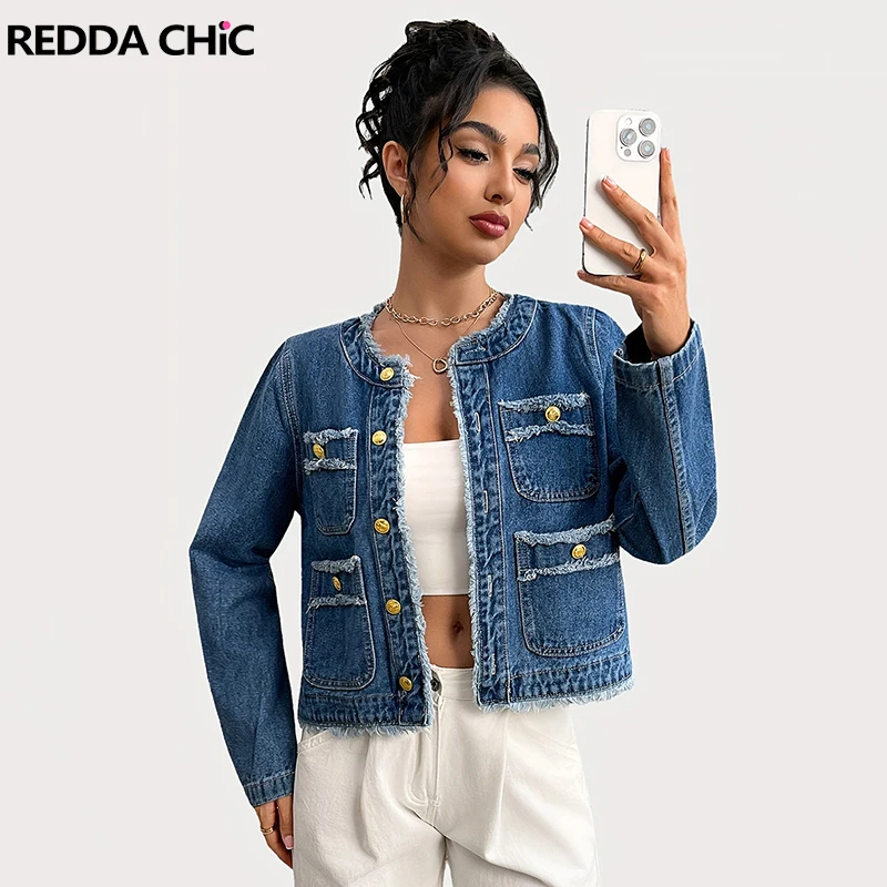 

ReddaChic Stitch Raw Edge Denim Jacket Women Cargo Pockets Button Front Long Sleeves Cropped Jacket Elegant Work Casual Outwear