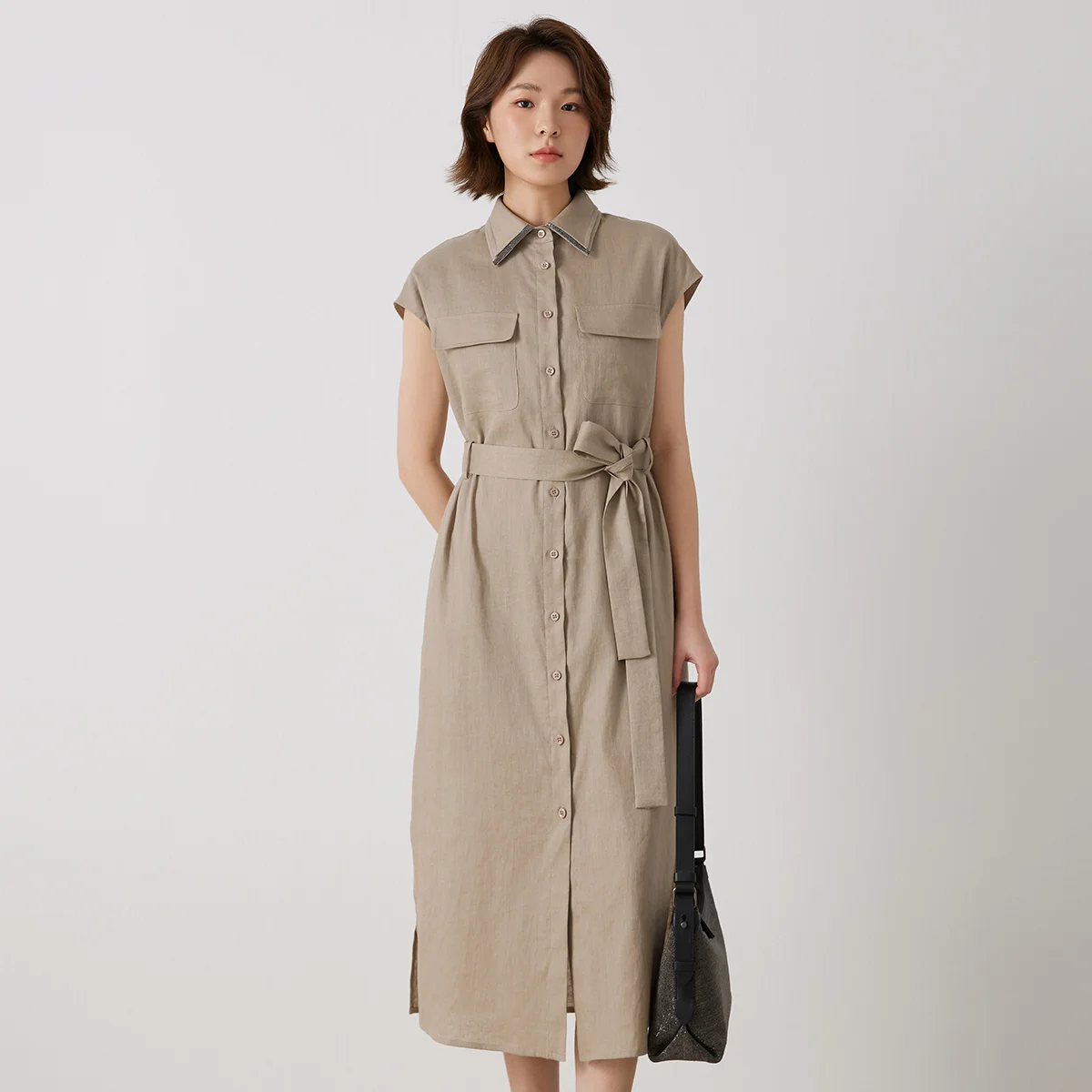 فستان K3206W عالي الجودة 100% كتان بدون أكمام وياقة بولو للنساء موضة الصيف الأنيقة