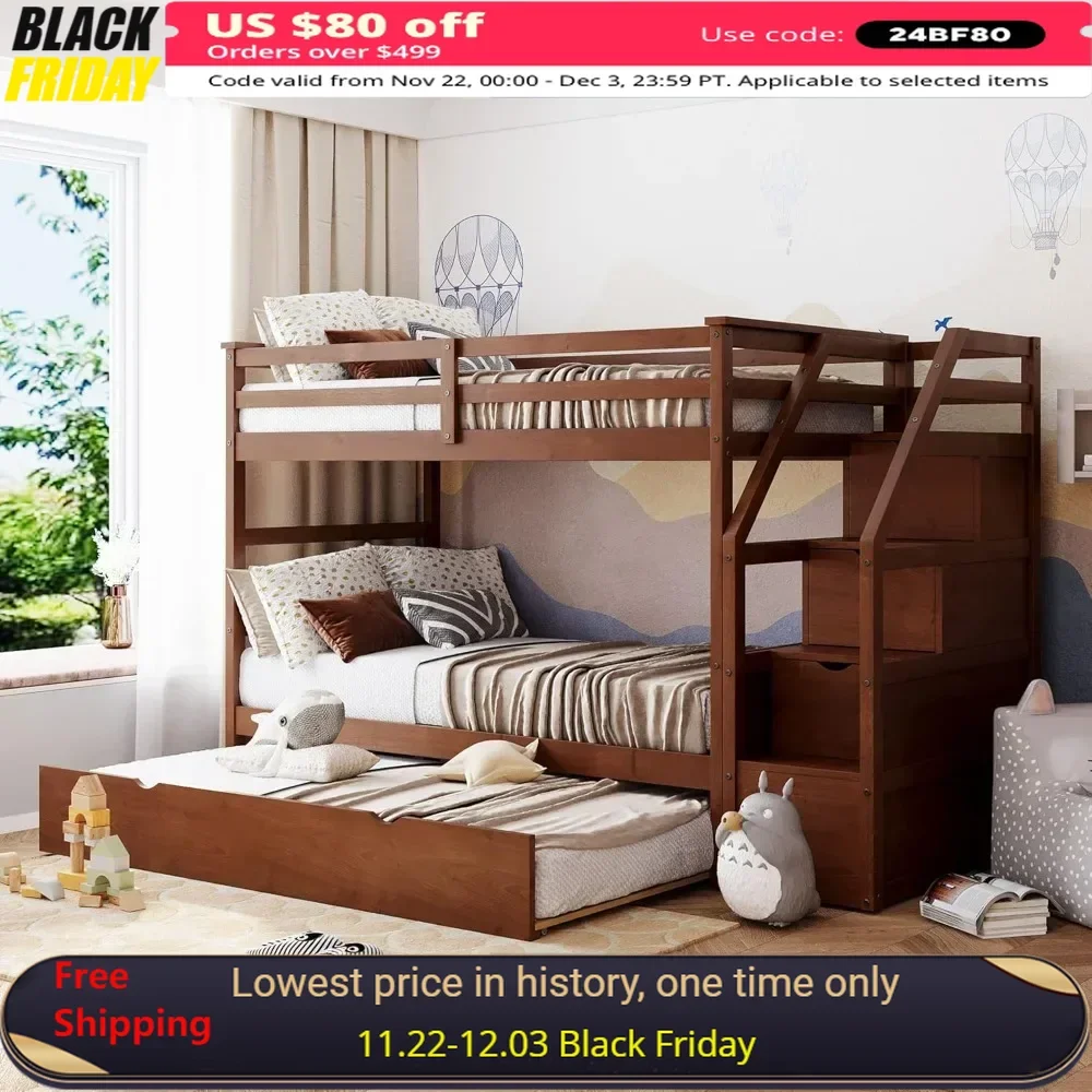 Bunk Beds, Twin Over Twin with Trundle, with Stairs, High Length Guardrail for Kids Teens Adults, Solid Wood Bunk Beds