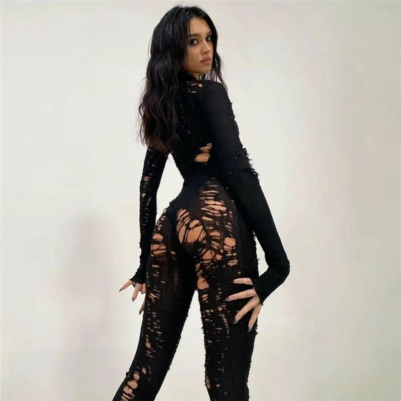 

Europe American New Perforated Rompers Women's Sexy Personality Pants Gothic Knitted Hollow High Waist Tight Jumpsuit Nightclub