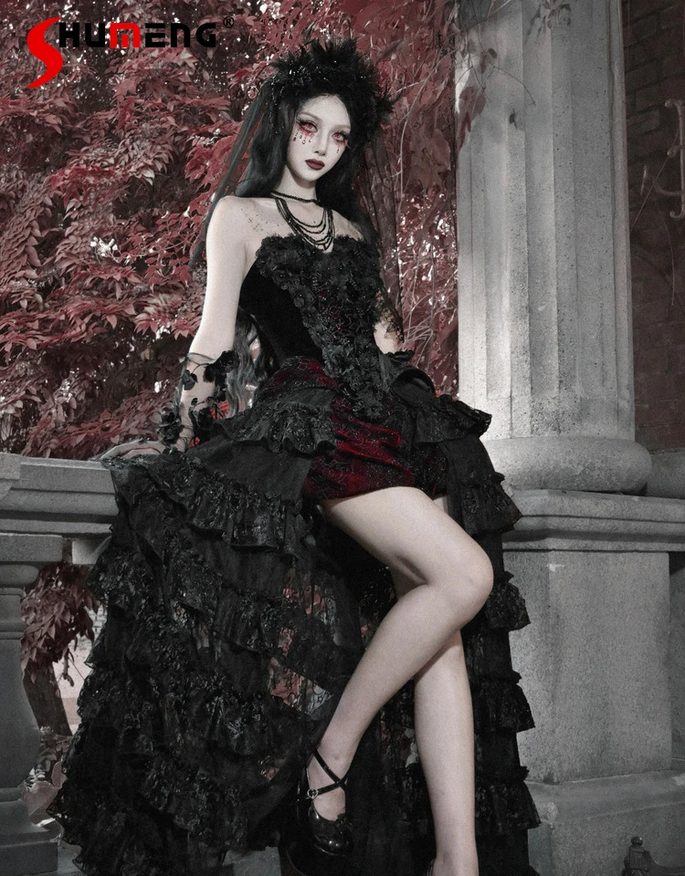 

Original Gothic Dark Tube Top Skirt Two-Piece Set Halloween Christmas Party Cos Women's Outfits Velvet Camisole Long Skirts Set