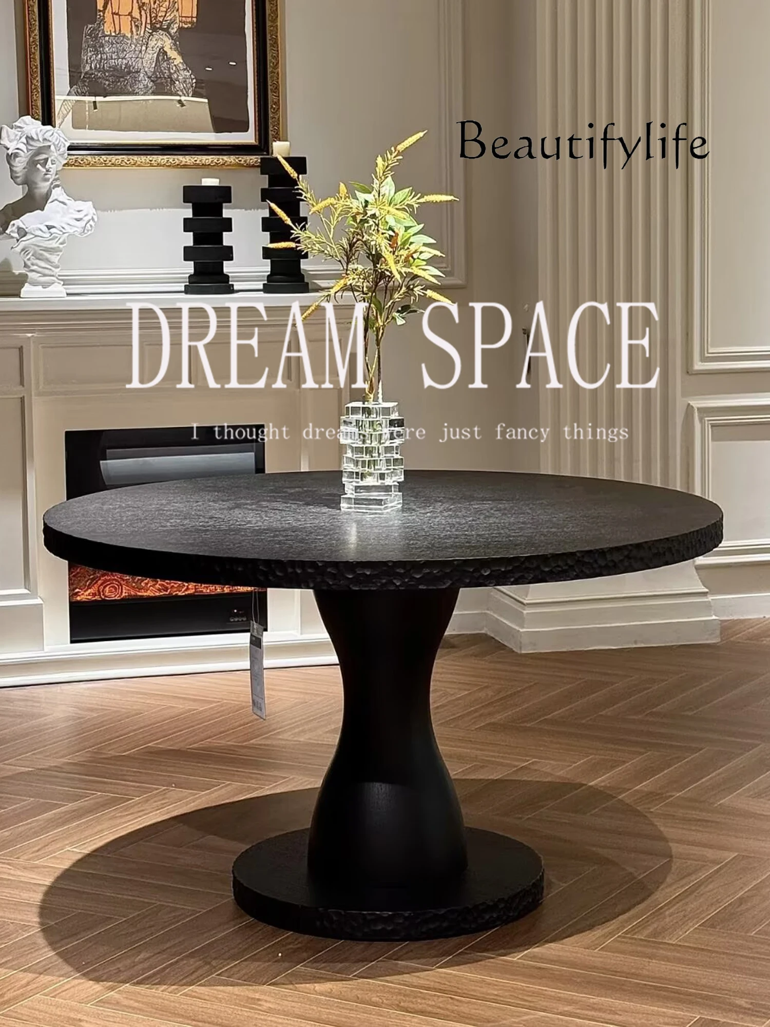 

Medieval solid wood black round dining table retro French household table and chairs simple premium dining table