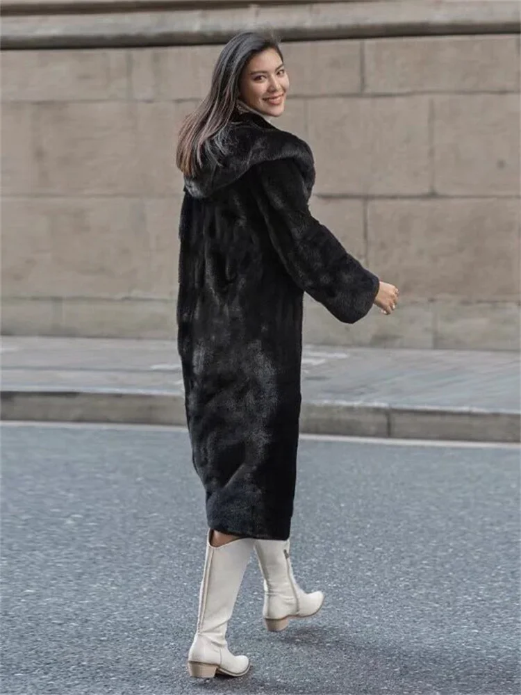 Black Mink Fur Coat Women Long Hooded Warmth Clothing 2023 Winter New Fashion Slim Pockets Faux Fur Jackets Feminina