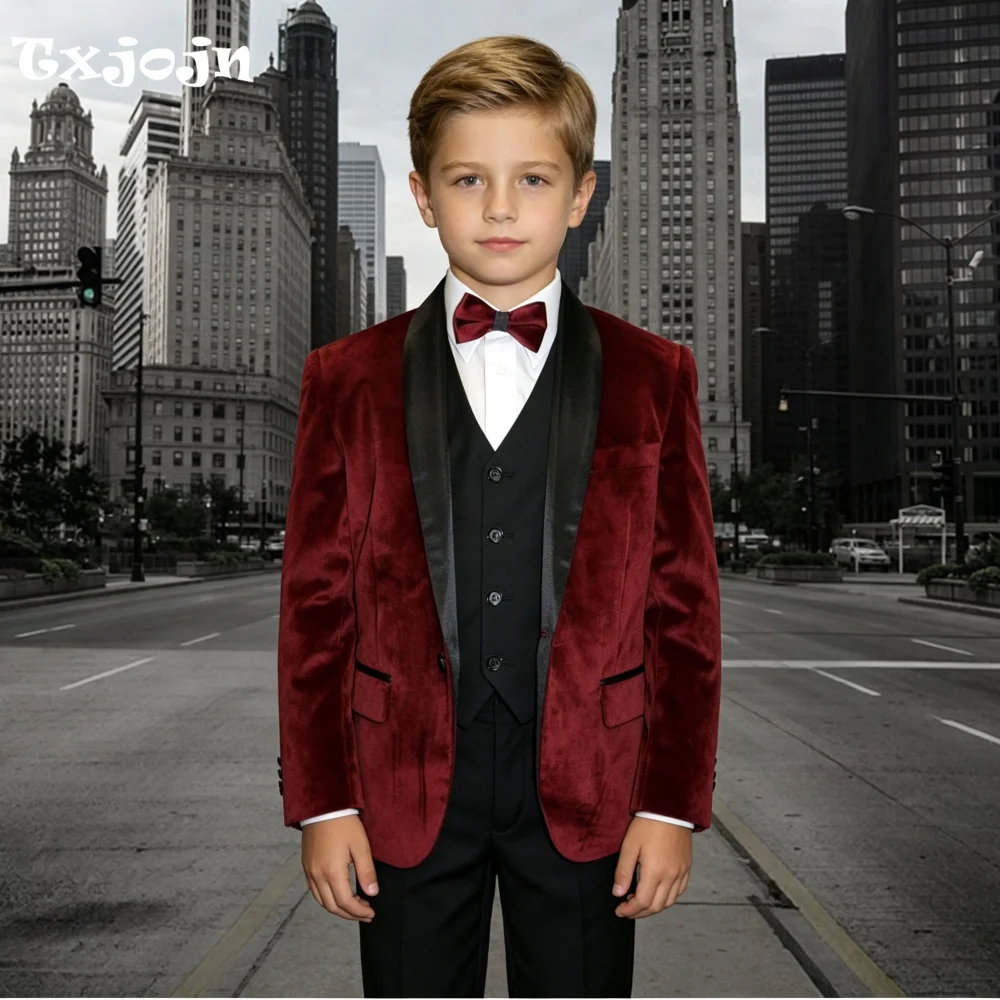 Homecoming Suit Set for Boys Wedding Tuxedo 3-Piece Classic Velvet Jacket Pants Vest Kids Blazer Set Slim Fit Tailored Outfit