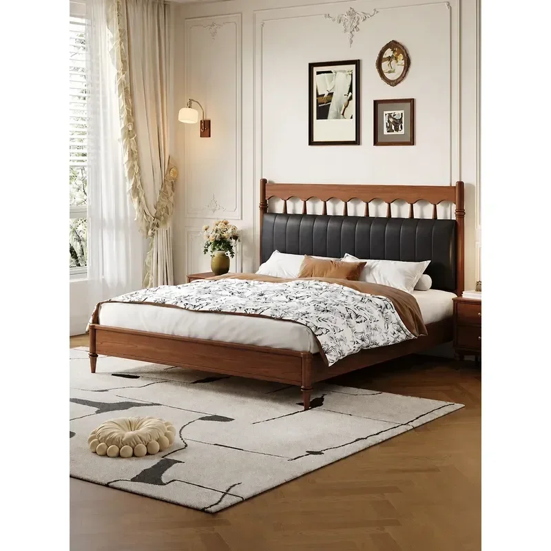 Full Solid Wood Bed Retro First Layer Leather Soft Upholstered Antique Style Master Bedroom Double Bed 1.8m Single Bed 1.5m