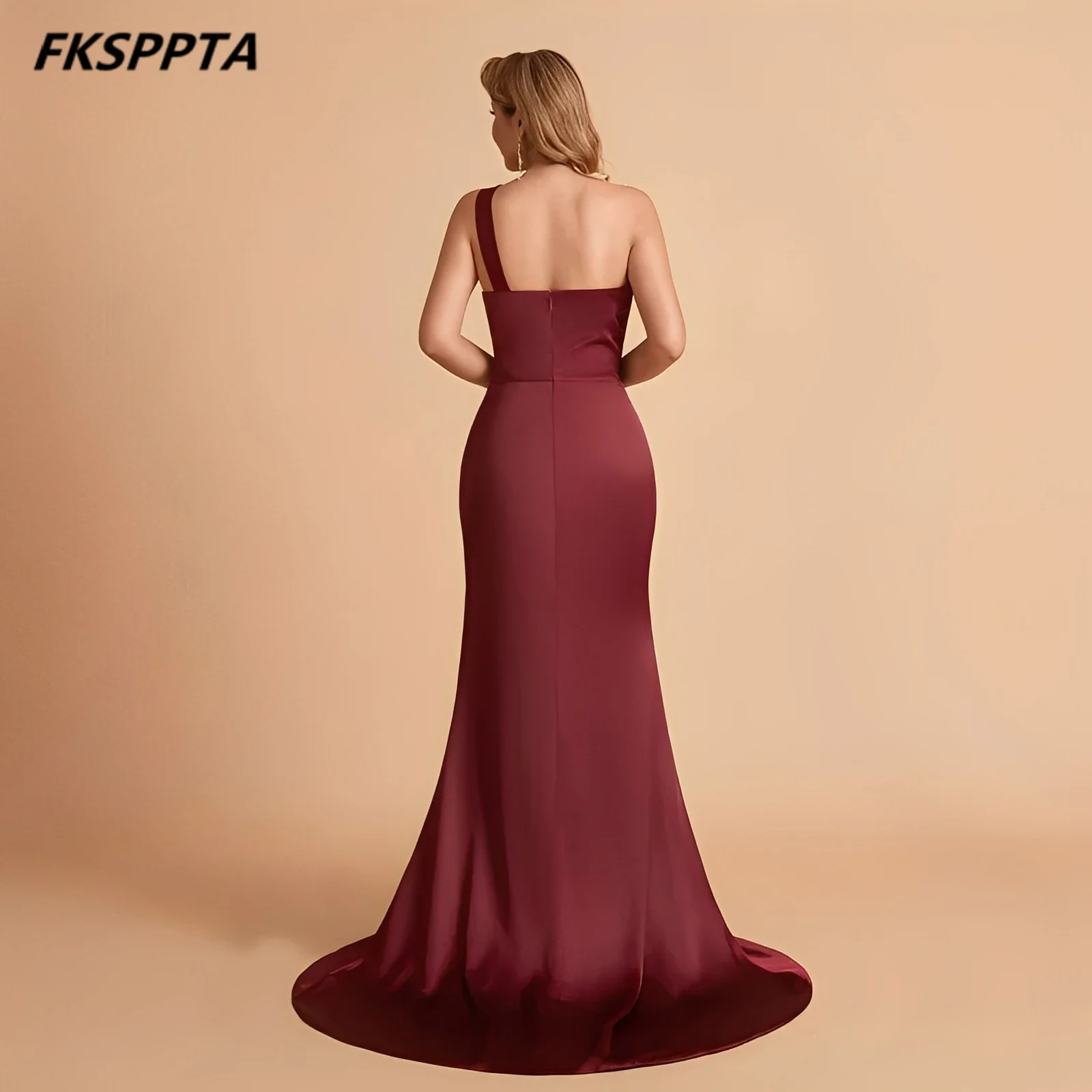 Personalizado borgonha um ombro vestido de noite longo sem costas sereia cetim vestidos de festa de baile com divisão robe de soiree