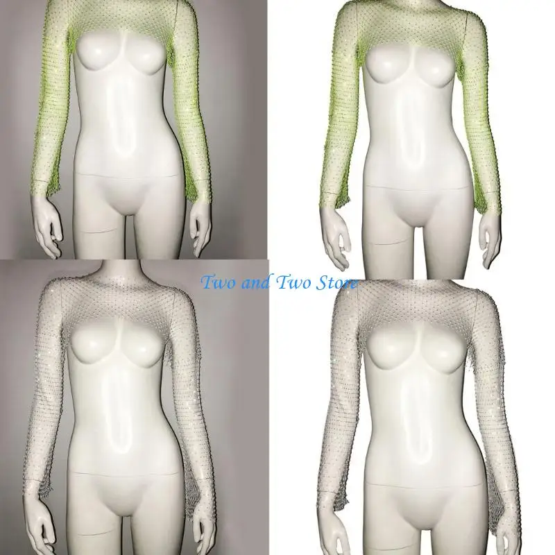 HX6F Women Shinning Rhinestones Long Sleeve Crop Top Crystal Boleros Shrug Sexy Hollow Out Sheer Mesh Cover Up Shirt
