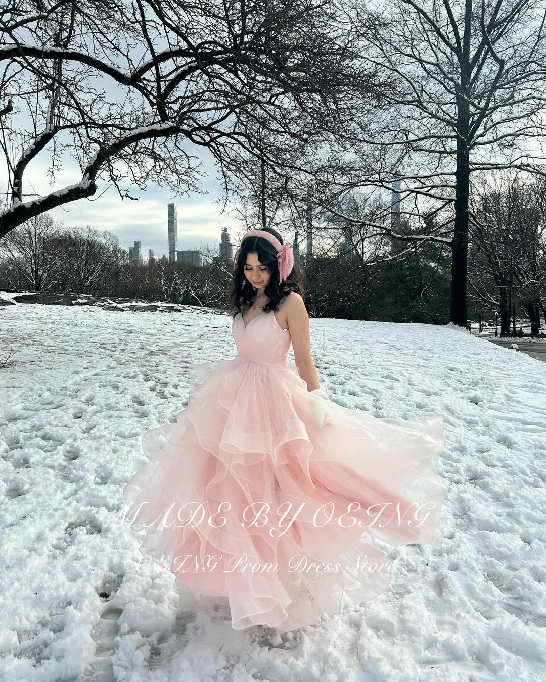 OEING Fairy Baby Pink Tulle A Line Long Evening Dresses Simple Wedding Photo shoot Flowers Ruffles Party Prom Gowns Summer