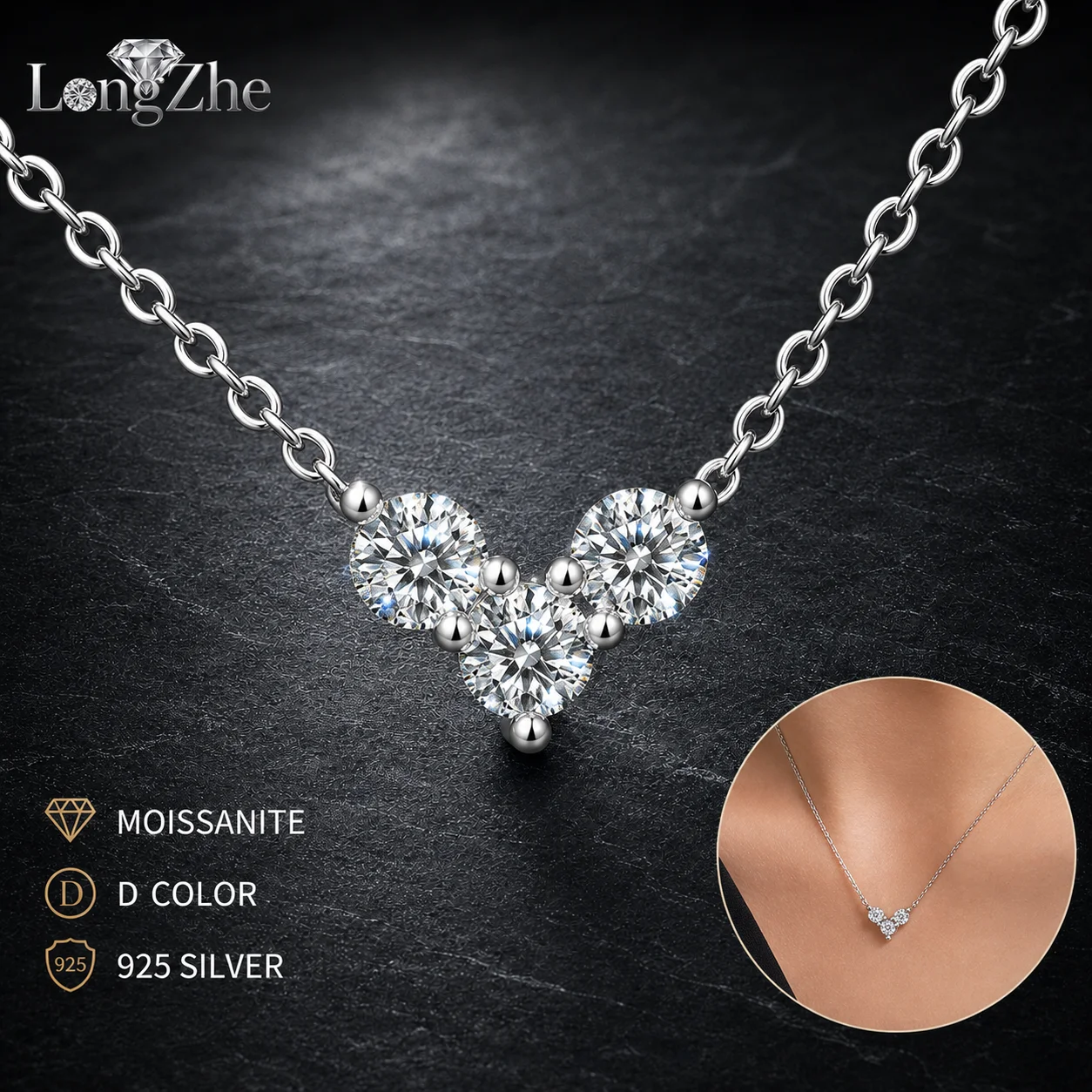 

LongZhe Moissanite Necklace for Women 3 Stones 4mm 0.3CT Round Cut S925 Sterling Silver V Pendant Gift Daily Jewelry