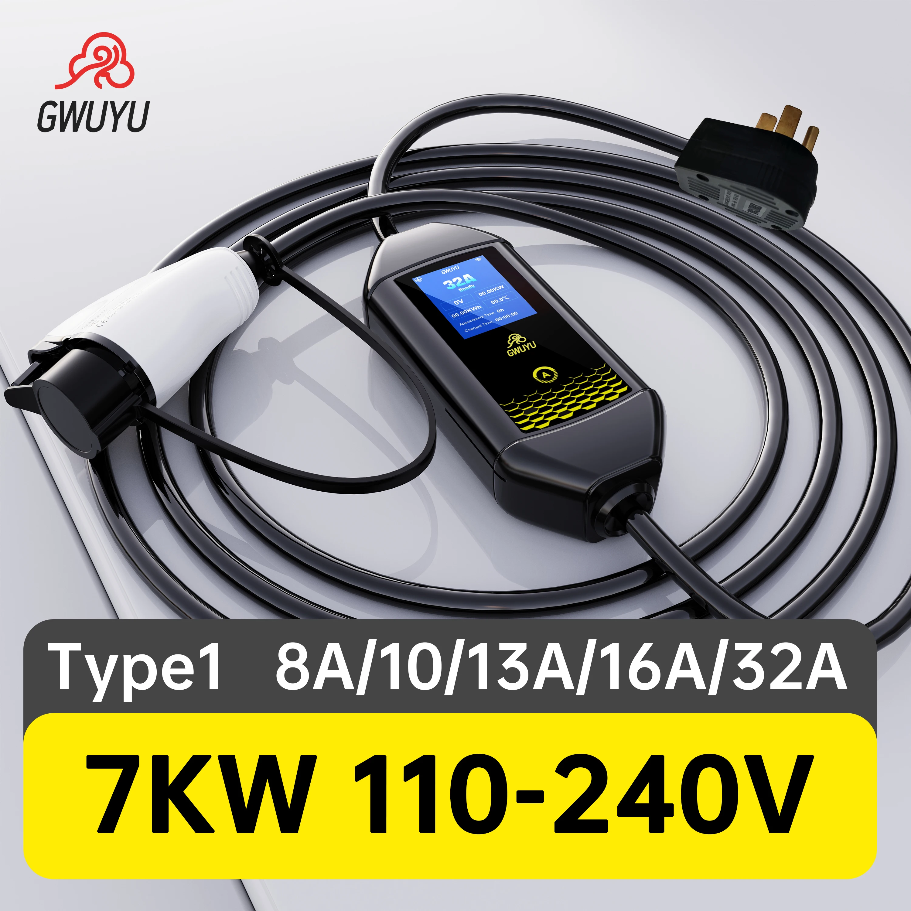 EVSE Charger แบบพกพา 7KW 32A 110-240V ประเภท 1 ปลั๊ก EV สถานีชาร์จ 3.5 M สาย 2.8 นิ้วหน้าจอ LED สําหรับยานพาหนะไฟฟ้า