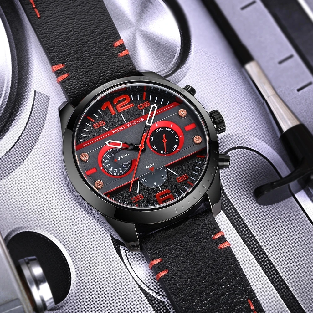 تركيز صغير-ساعة كرونوغراف كوارتز رجالية مقاومة للماء ، أسود وأزرق ، حزام جلدي ، ساعة معصم ، ساعة ذكر ، ترفيه ، رياضة ، جي