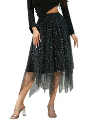 Women Tutu Tulle Skirts Elegant Fashion Solid Color Elastic High Waist Floral Print Mesh Overlay Layered A Line Flowy Midi Skirt