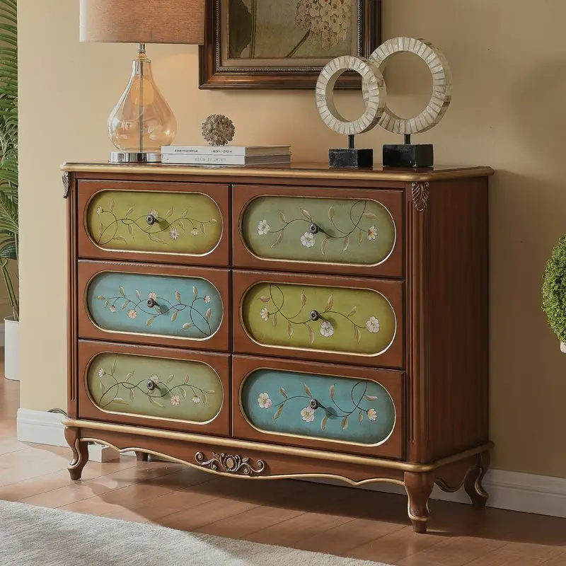 American solid wood painted chest cabinet, retro and old European hand-painted entrance cabinet, foyer storage cabinet