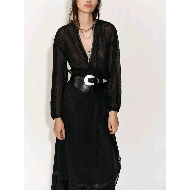 Spring New Women's Hepburn Sle Layered Decoration Faion Thin Veil Long Sve V-ne Dr High Waist A-line Skirt