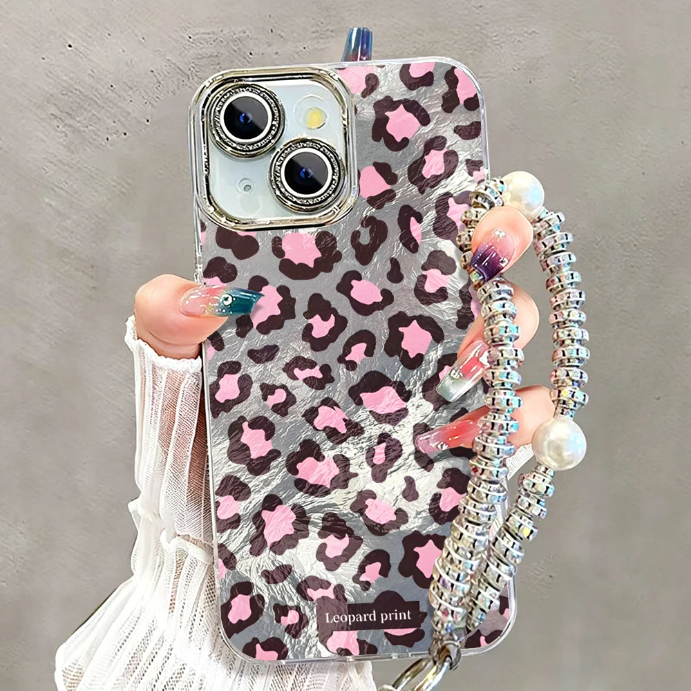 Fundas para Teléfono con Estampado de Leopardo Rosa y Lente con Diamantes para iPhone 17 13 11 12 Pro Max Plus 15 14 16 XR XS con Cordón de Perlas