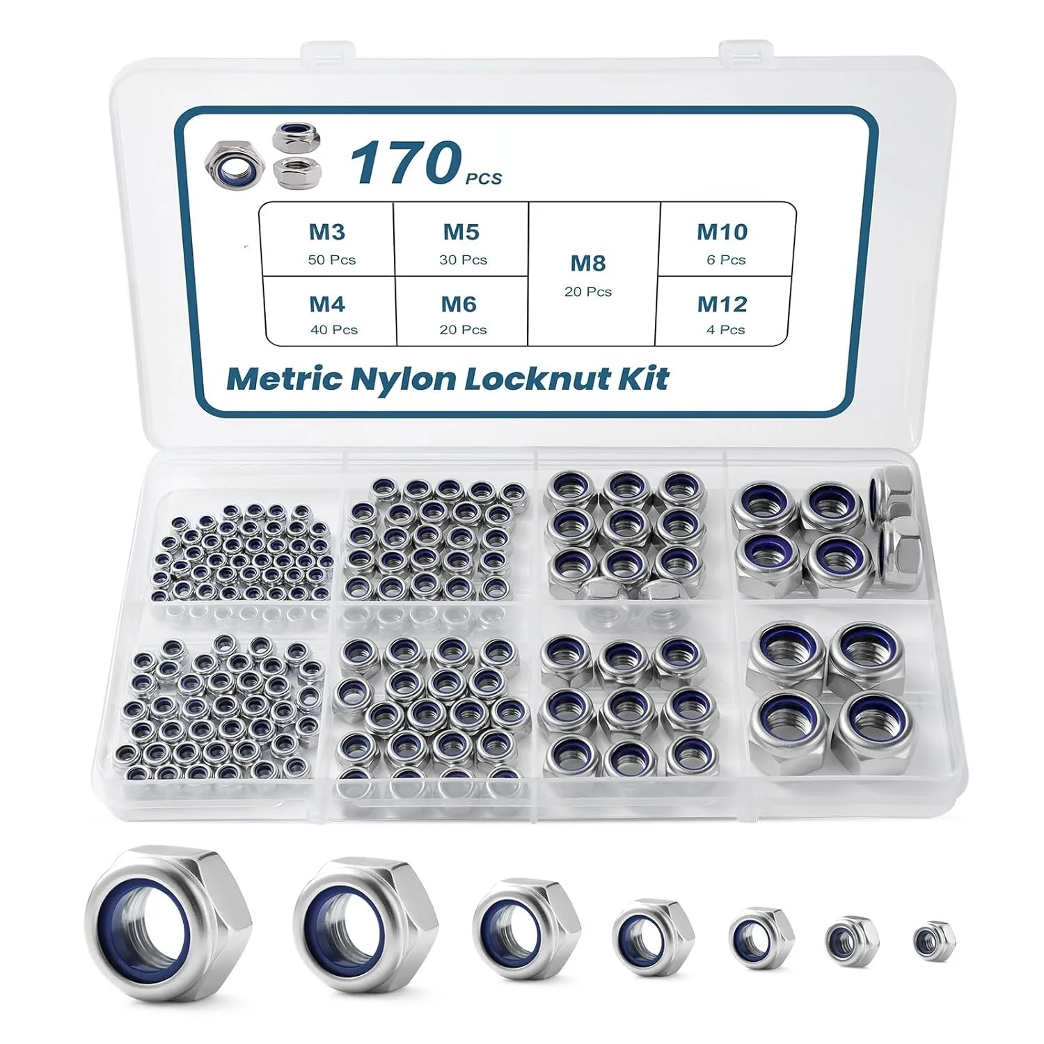 170Pcs Metric Lock Nut Combination Set M3 M12 Nylon Insert Lock Nut Set