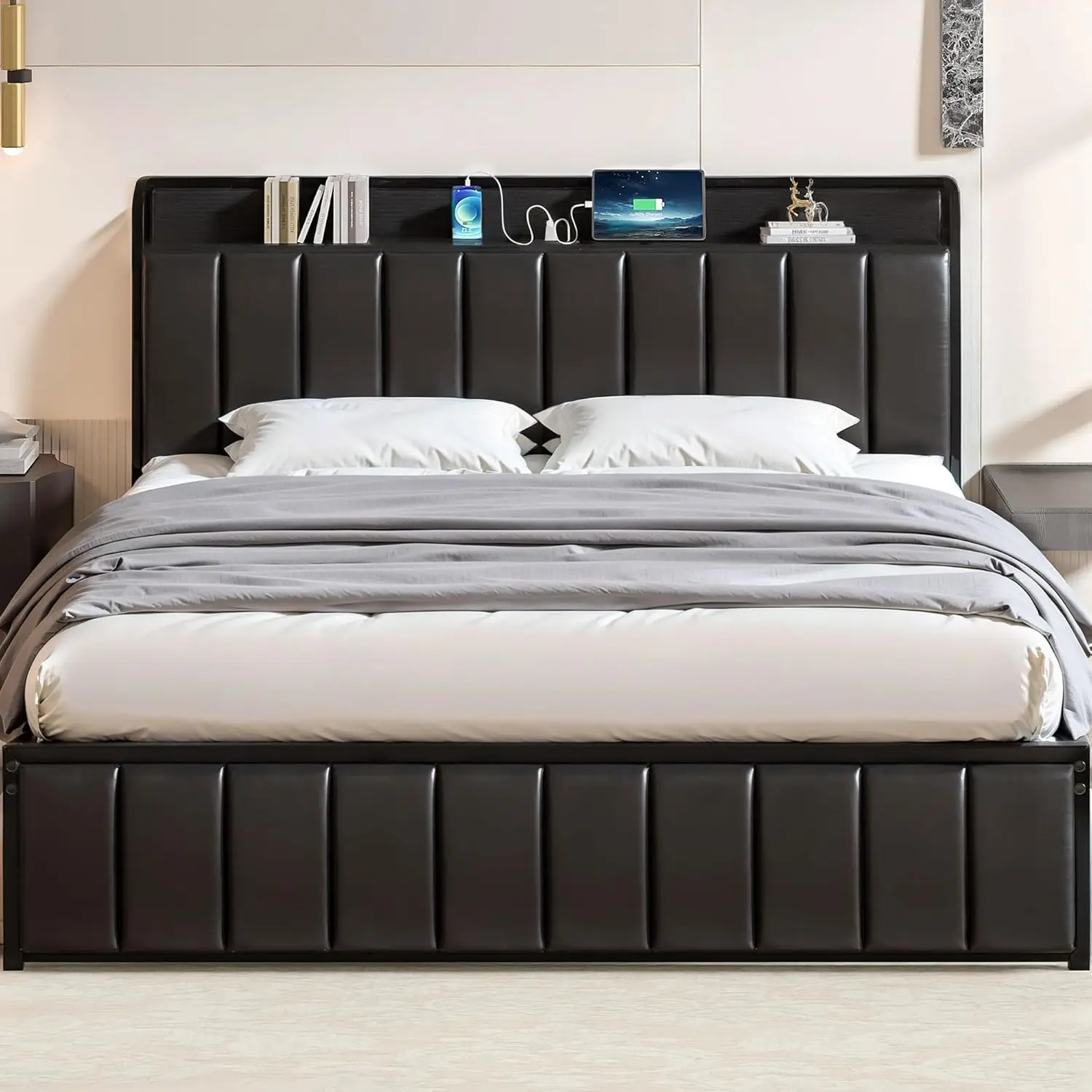 

Large Bed Frame, Storage Cushion Headboard with Charging Station, Platform Bedstead, Heavy Metal Flat Noodles, No Box S