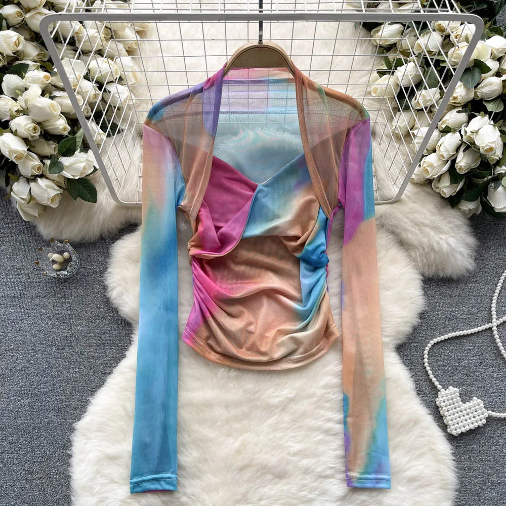 

Американские новые модные женские повседневные модные тонкие разноцветные тонкие плиссированные тюлевые топы с v-образным вырезом и длинными рукавами, женская одежда, уличная одежда