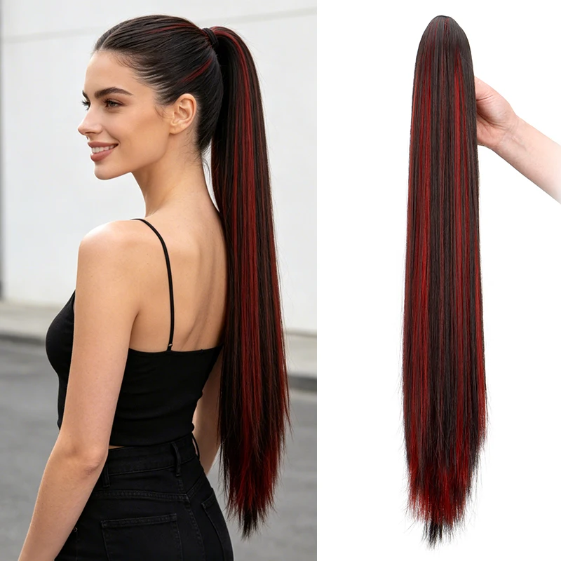 

24Inch Synthetic Long Straight Highlight Ponytail Hair Extension Claw Clip Heat Resistant Hairpiece for Women Daily Party Use