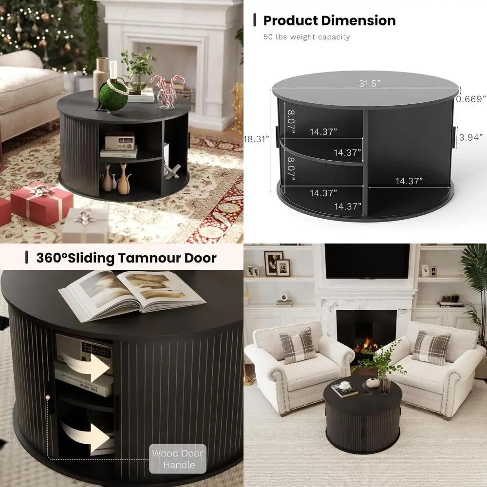 

Mid Century Modern 31.5 Inch Round Coffee Table with Fluted Design and Storage Shelf