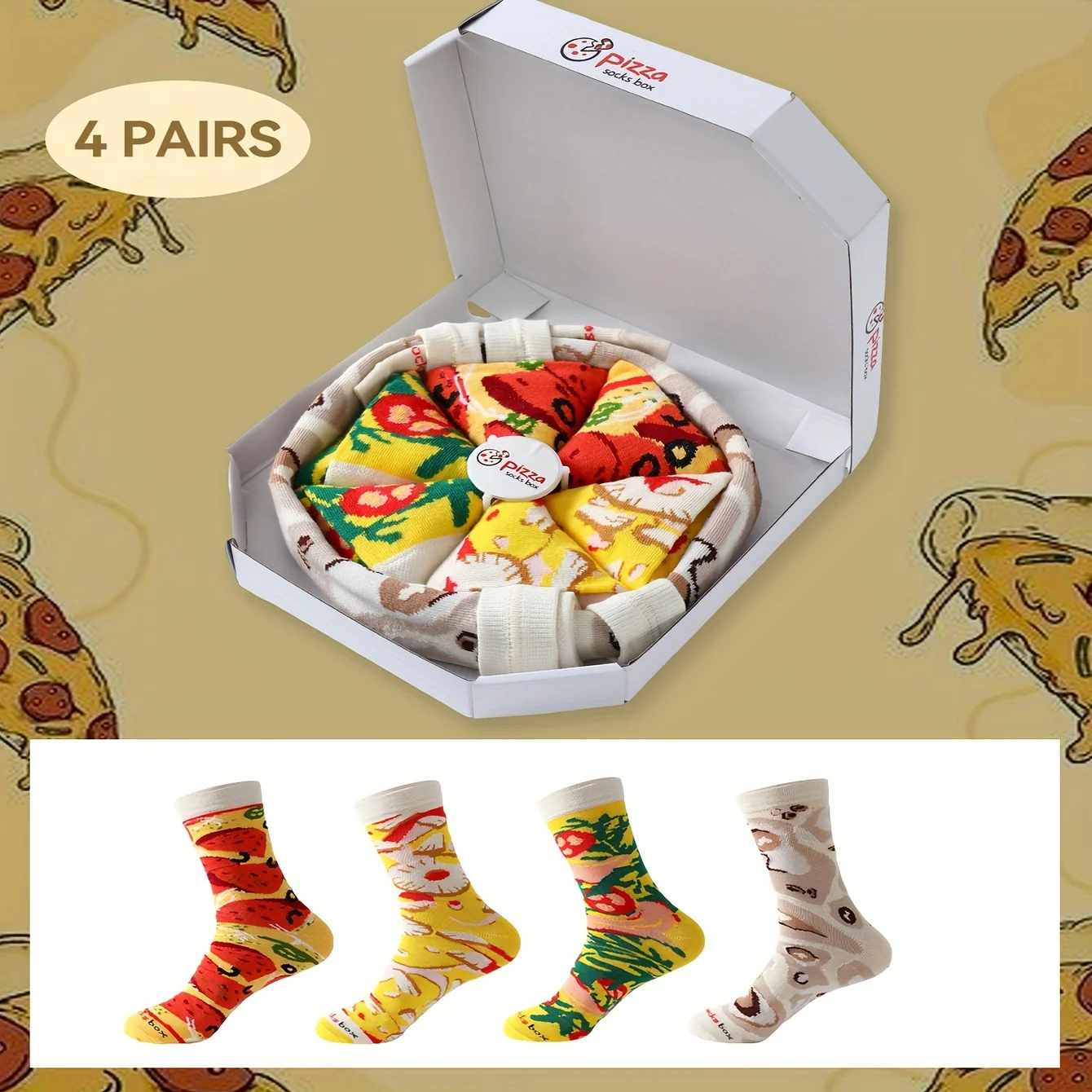 Four pairs of unique and colorful pizza patterns for men and women, gifts for friends on Halloween, socks for all four seasons