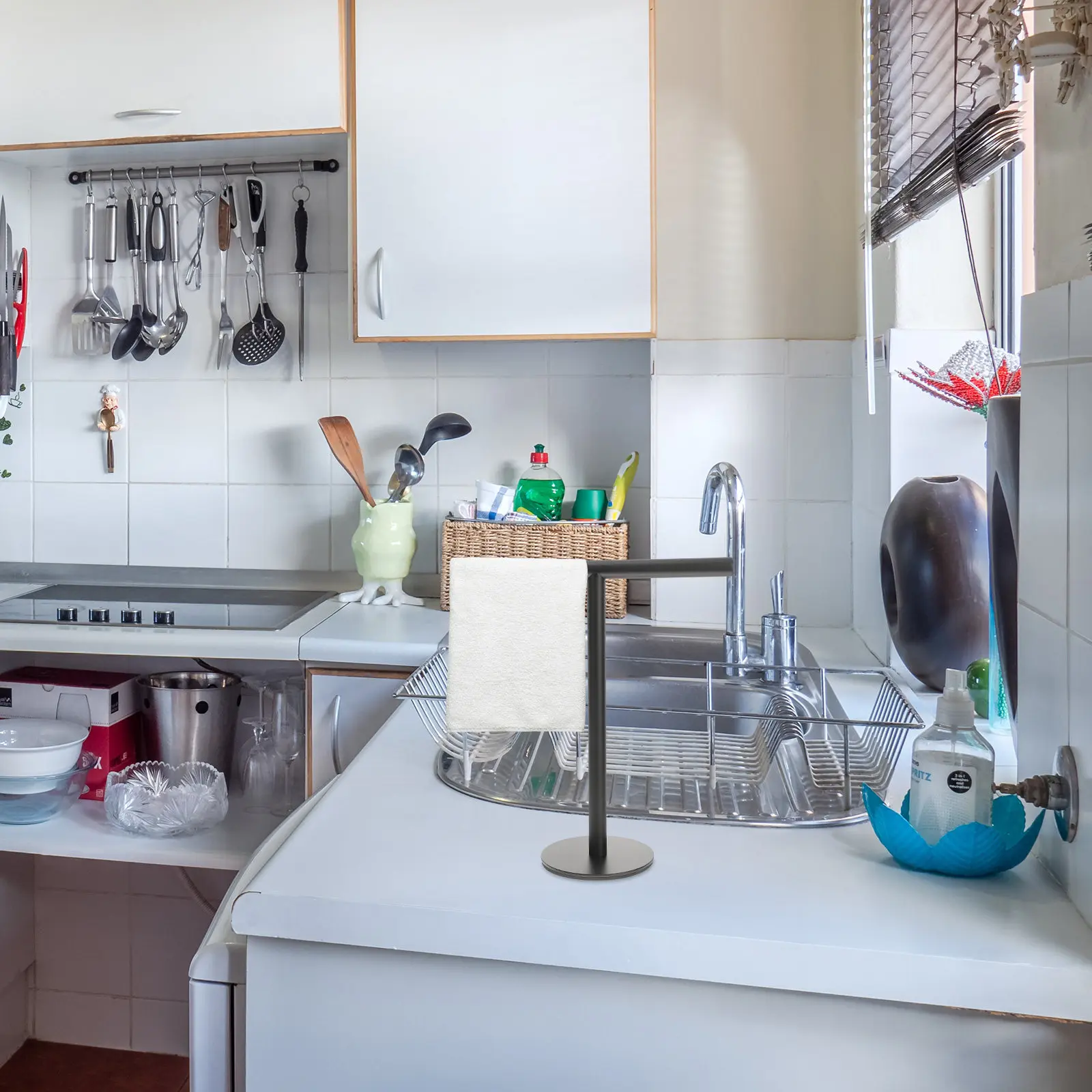 

Standing Towel Rack T Shape Countertop Bathroom Towel Holder Modern Stainless Steel Space Saving Foldable Design for Small