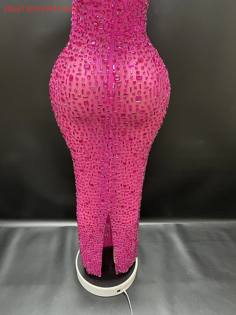 Robe de soirée en maille strass rose, tenue de spectacle sur scène, pour banquet, anniversaire, nouvelle collection