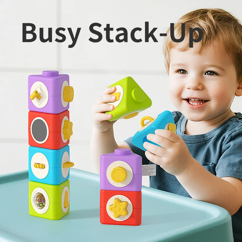 Busy Stack-Up Sensory Blocks, 12-Side Activity Stacking Puzzle with Gears, Buttons, Switches, Mirror & Rattle, Fine Motor Skills