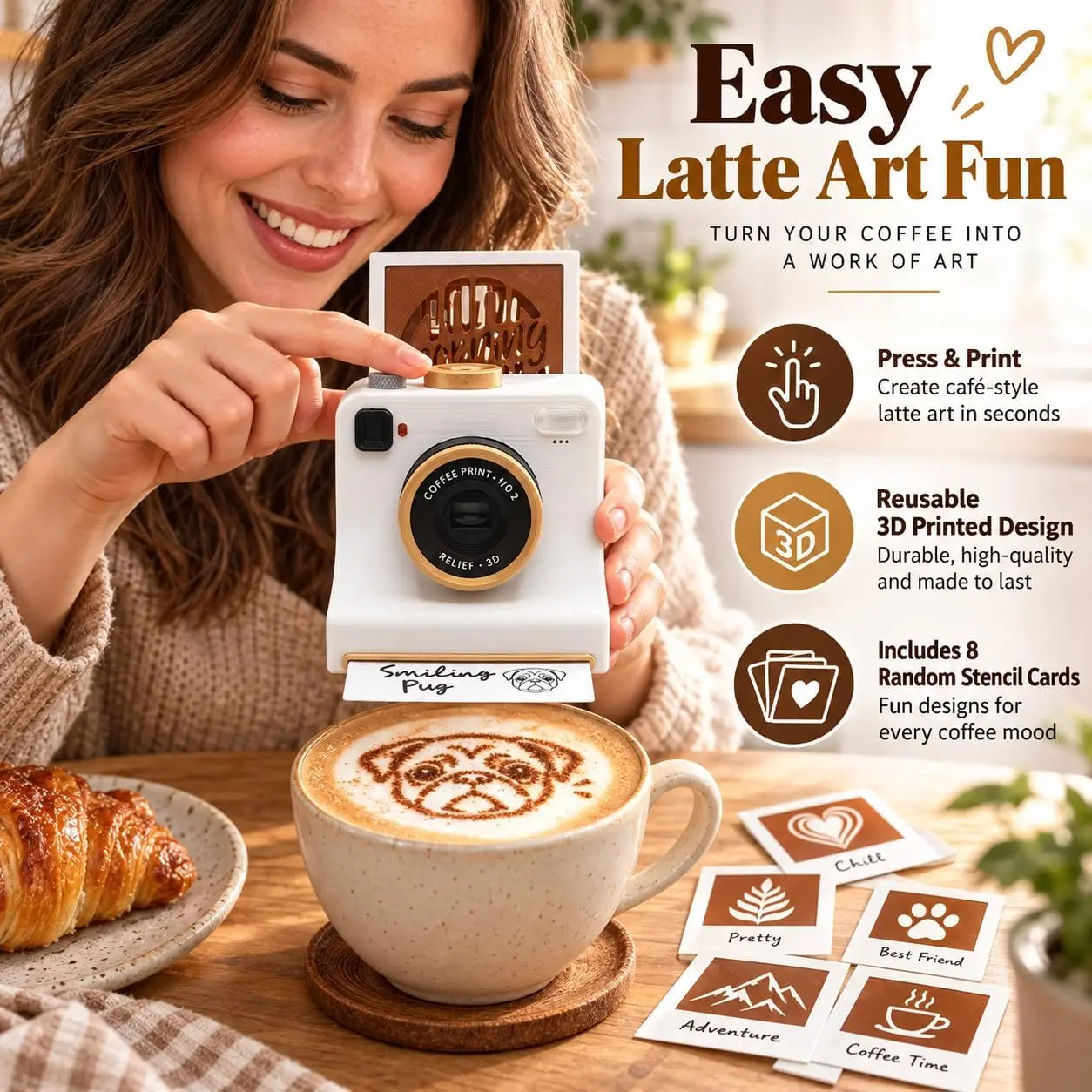 3D Printed Vintage Camera Shape Coffee Stencil with 8 Cards – Reusable Latte Art Template Cappuccino DIY Baking Decor Tool Gift
