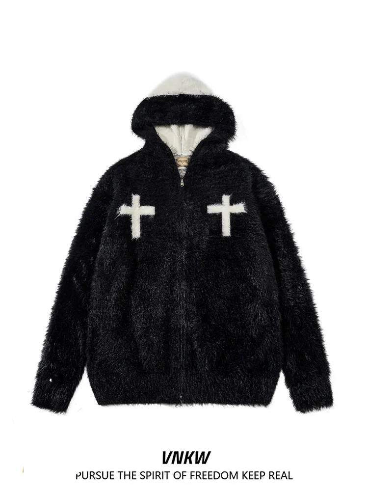 

Тяжелый вязаный свитер с капюшоном унисекс, повседневный, винтажный, свободного кроя, с перекрестным узором, для пар, осень-зима