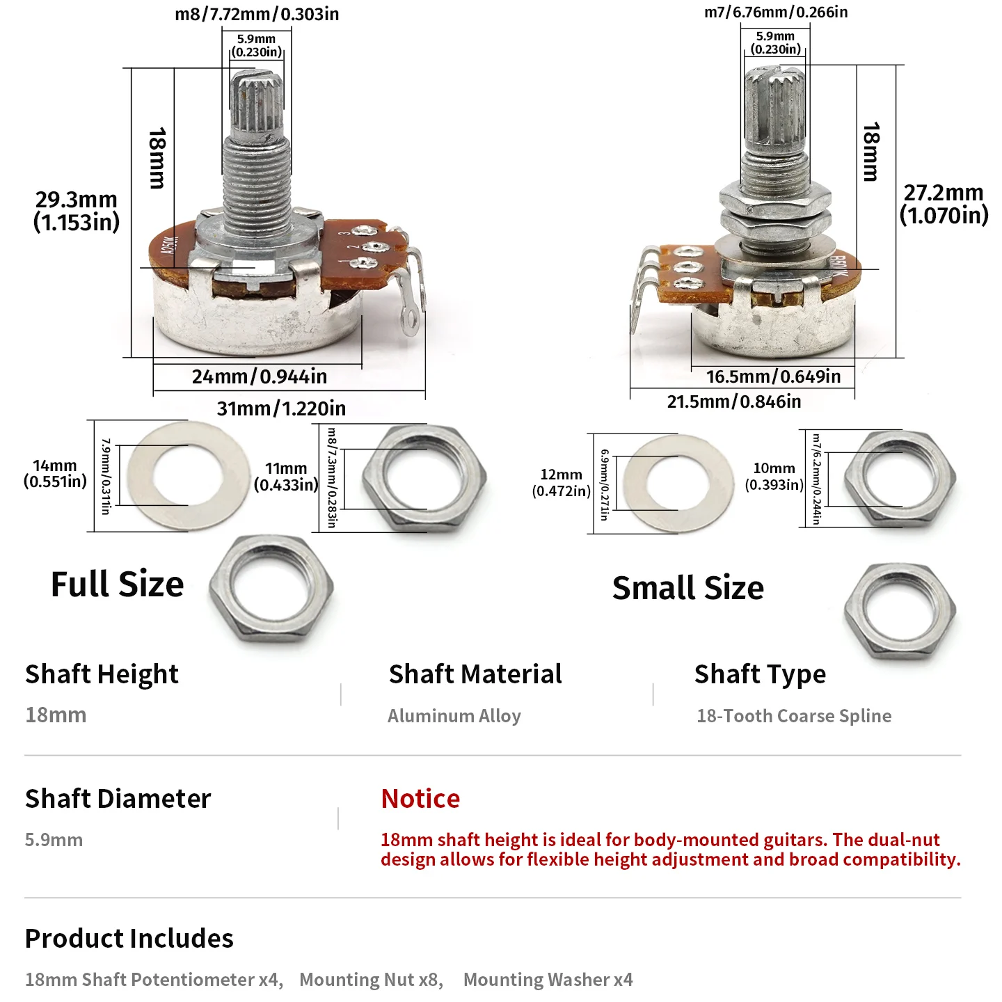 4Pcs 18mm Long Shaft Guitar Potentiometers A250K/B250K/A500K/B500K Volume Tone Control Pots for Electric Guitar and Bass Parts
