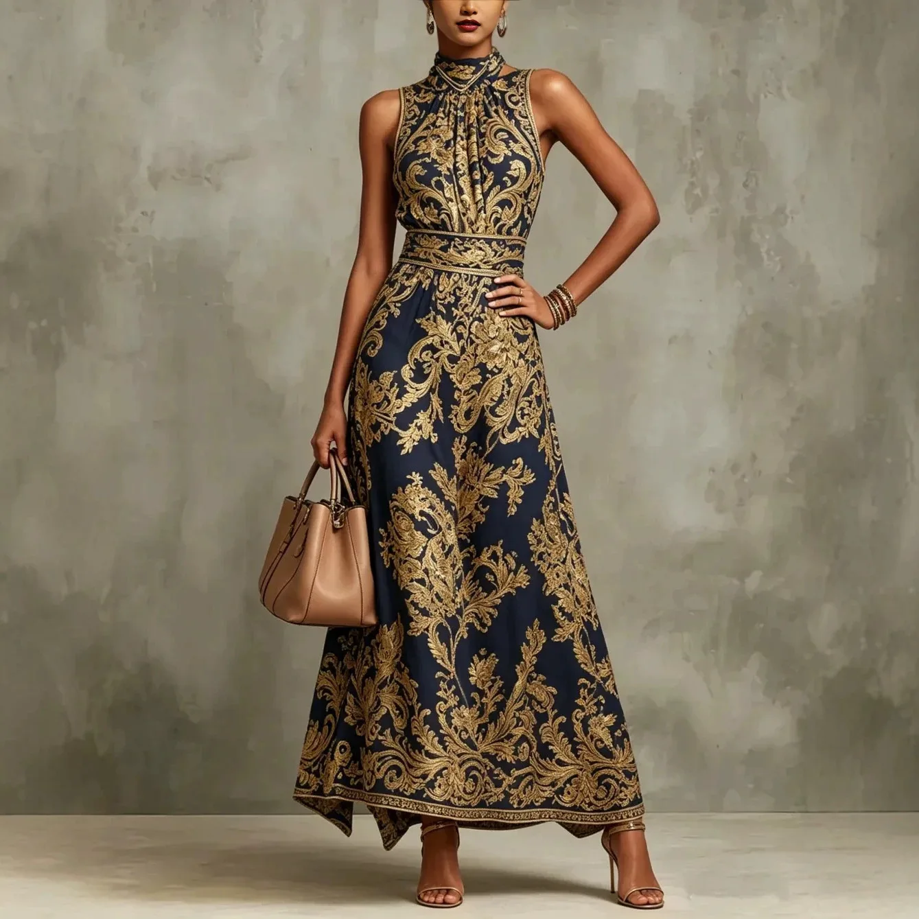 Barockes Maxikleid mit Neckholder-Ausschnitt, ärmellos, hohe Taille, A-Linie, formelles Abendkleid, elegantes Vintage-Partykleid für Damen