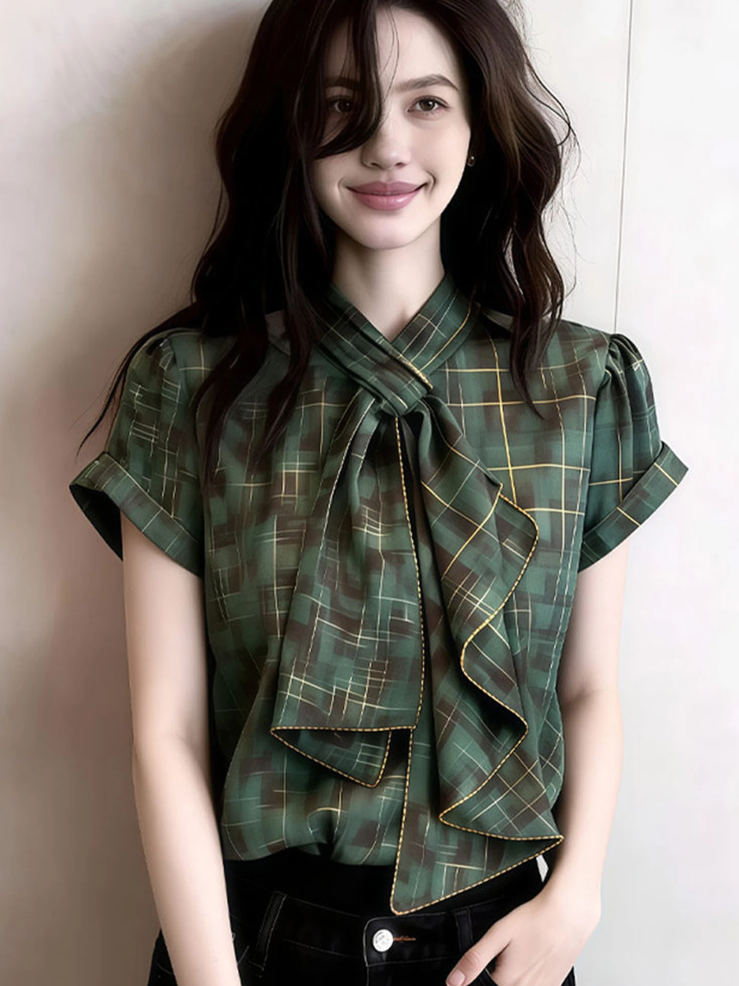 

Fashionable Korean Style Checkered Short Sleeve Shirt Women's Retro Color Block Design Summer Trendy Top Straight Cut Commute...
