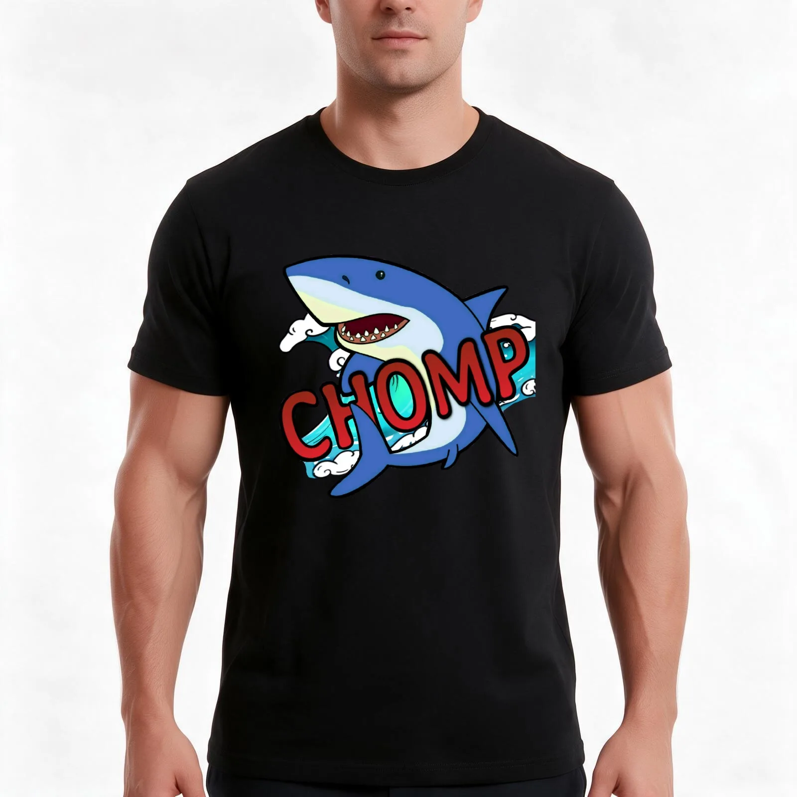 Shark Goes CHOMP! T-Shirt, Summer Casual Cotton Tee, Oversized Streetwear Tops, Vintage Graphic Print, Loose Fit Short Sleeve