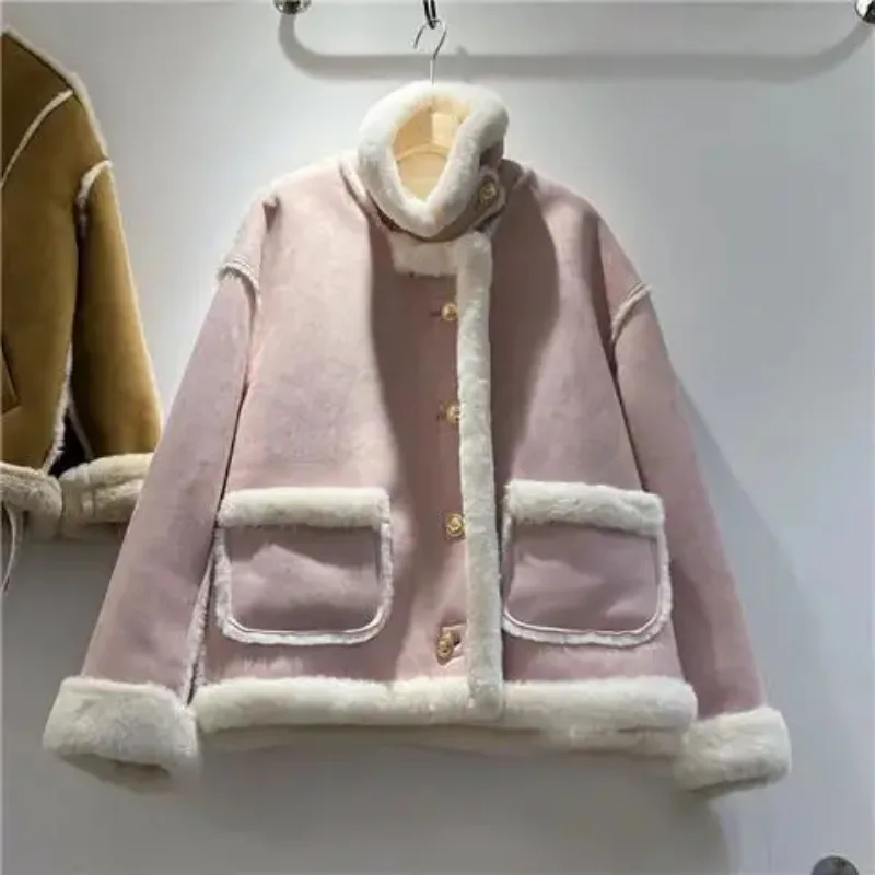 2024 New Winter Spliced Fashionable Solid Stand Collar Coats Fake Fur Two-Way Soft Wear Thermal Loose Coat for Women N107