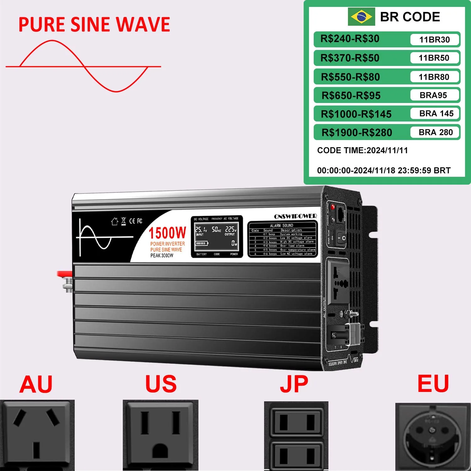 1500W inverter 12v 220v pure sine wave solar power inverter DC 24V 48V to AC 110V with remote control