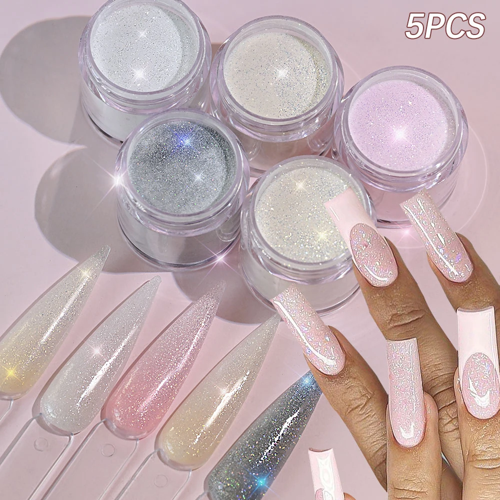 5 Stücke Nagel Glitter Kristall Pulver Rosa 3IN1 Verlängerung/Tauchen/Verliegen Acryl Pigment für Nail art Verlängerung Maniküre DIY Supplie