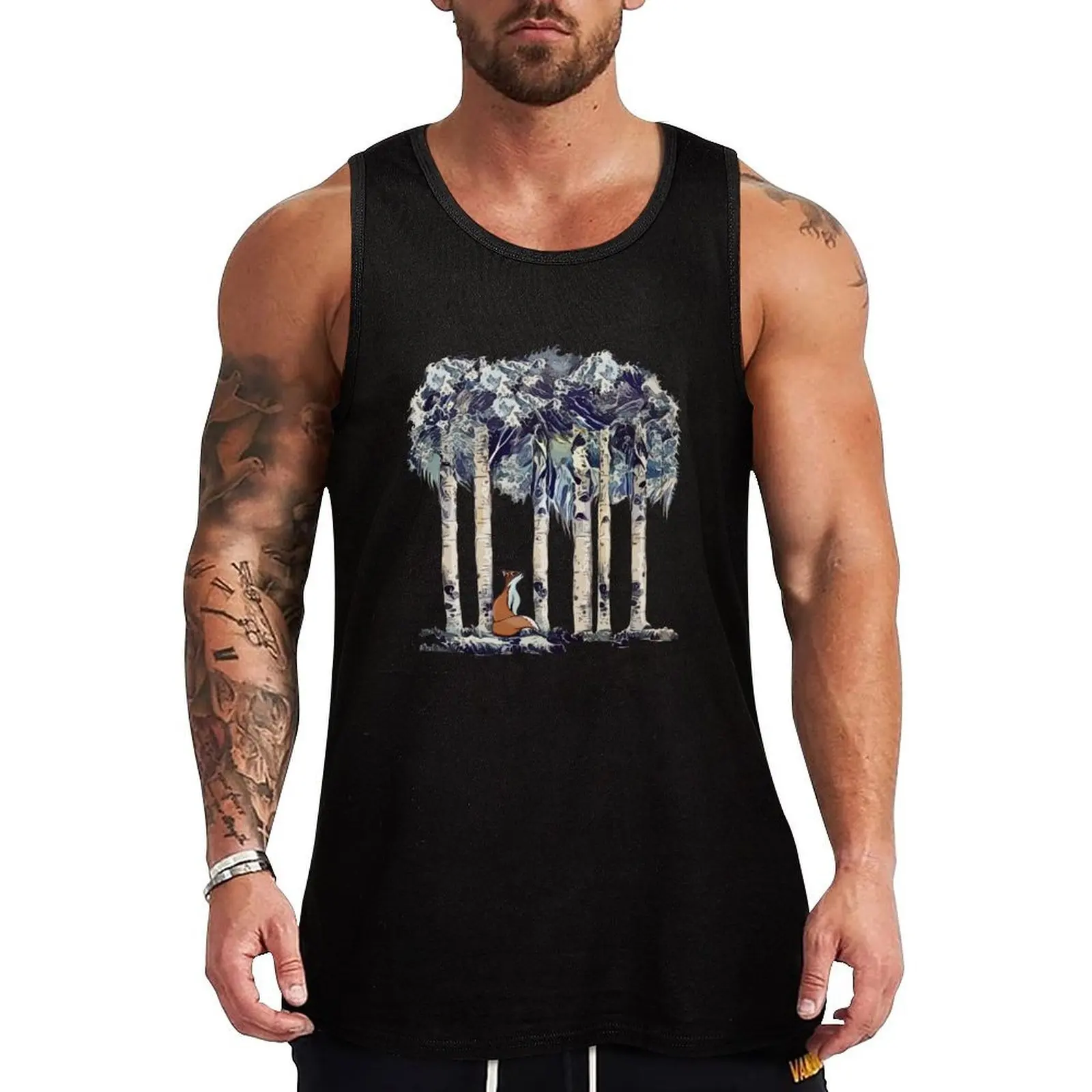 Fox and birchs, magic forest and animals watercolor Tank Top Plain Color Sleeveless Shirt Casual Basic Tank Top