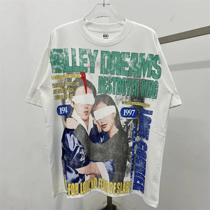 الفيلم المشارك الطباعة فالي تي شيرت الرجال النساء 1:1 أفضل جودة القطن الخالص الساخن الحفر رسائل فالي زوجين المتضخم تي شيرت