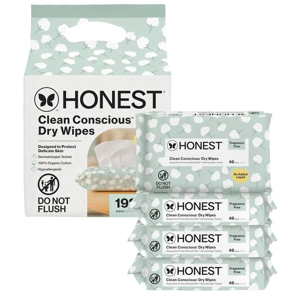 Pure Organic Cotton Dry Wipes, Hypoallergenic, Multipurpose, 192-Count Baby Facial Cloths