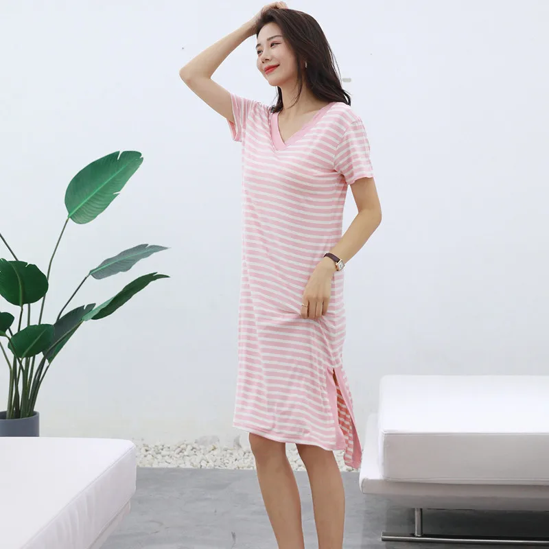 Fdfklak Nightdress Women Modal Summer Dress Striped Sexy Backless Chest Pads Loose Home Clothes Outside Wear Nightgowns Female