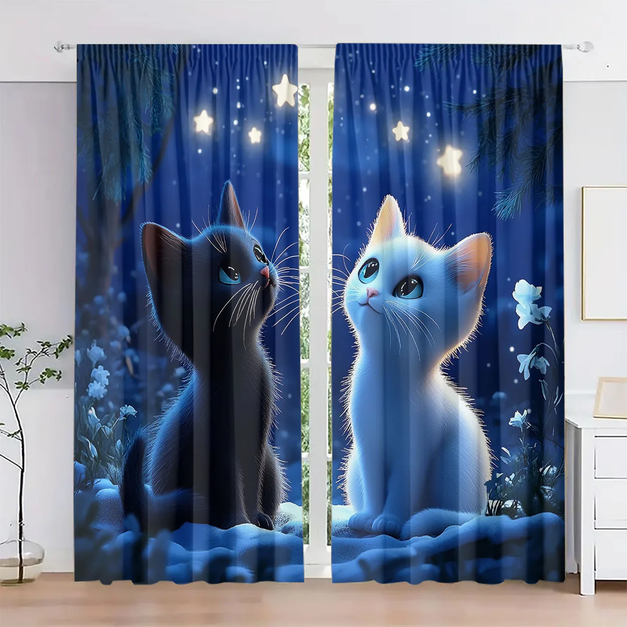 Starry Kitten Rod Pocket Curtain Black White Fluffy Cat Snow Glowing Star Blue Night Floral Print Cute Decor Bedroom Home Window