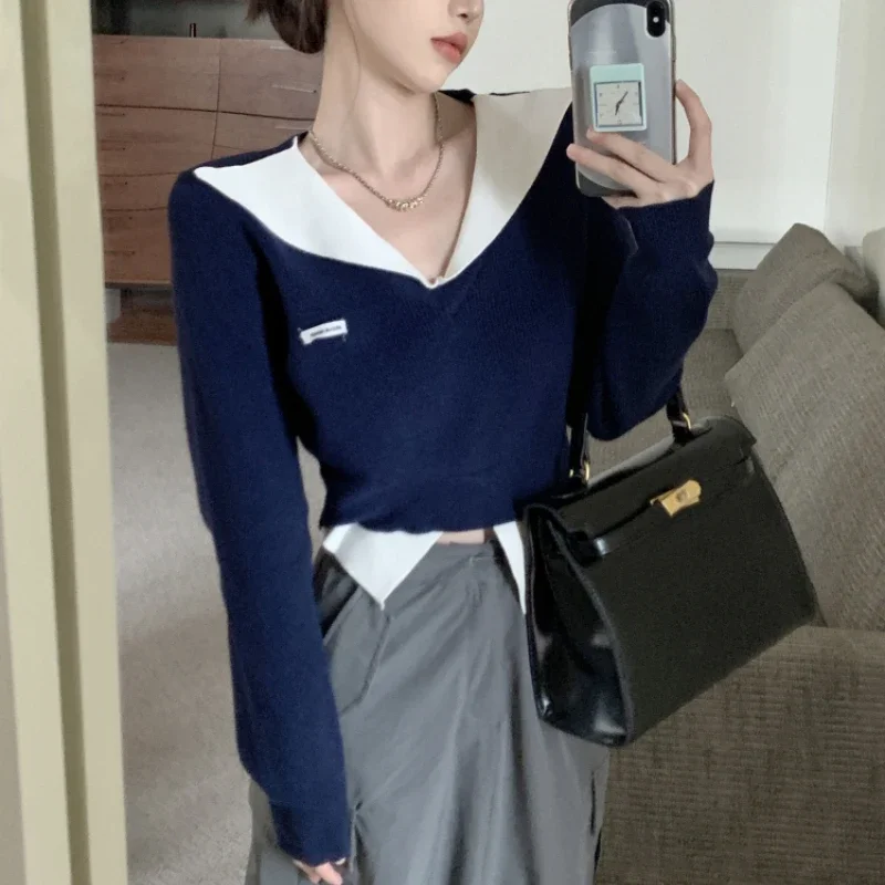 

V-neck Sweater Women Hotsweet Fake Two Pieces All-match Crop Pullovers Autumn Basic Fashion New Design Aesthetic Slouchy Daily