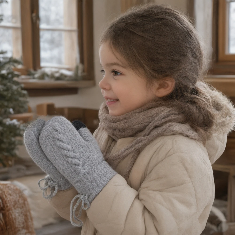 Baby Winter Warm Knitted Mittens with Fleece Lining & Anti-Lost String for Kids 3-5 Years Cable Knit Gloves Cute Photo Prop