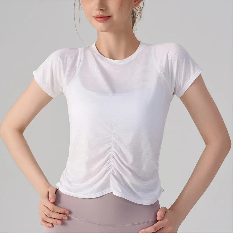 Women‘s Seamless Yoga Shirt Short Sleeve Cooling Running T-shirt Quick Dry Gym Fitness Top with Pleated Detail Sports Shirt